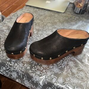 Free People Black Leather Mules with Tan Wooden Platform